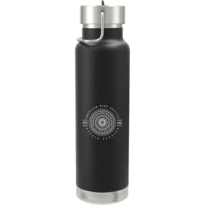 A drink bottle in matte black with a stainless steel lid and base, featuring a circular logo design.