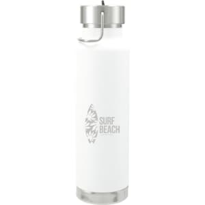 A drink bottle in white with a stainless steel lid and base, featuring a logo and a surfboard design.