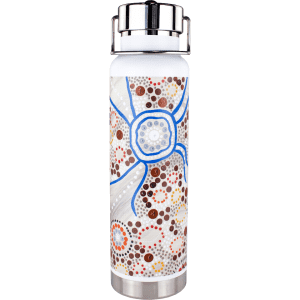 A drink bottle featuring a white and colourful Aboriginal art design, with a stainless steel base and a straw lid.