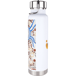 A drink bottle with a white body and colourful Aboriginal-inspired designs, featuring a stainless steel lid and base.