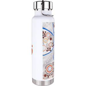 A drink bottle in white with a colourful abstract design, featuring a stainless steel lid and a copper vacuum insulation.