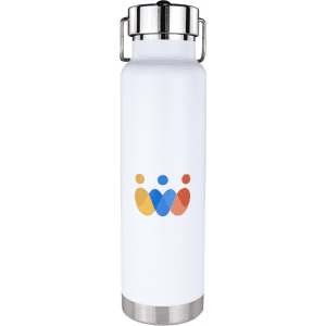 A drink bottle in white with a stainless steel base, featuring a logo in blue, orange, and red.