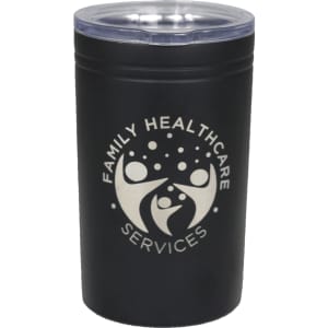 A drink bottle in black with a transparent lid and a logo on the front, suitable for hot or cold beverages.