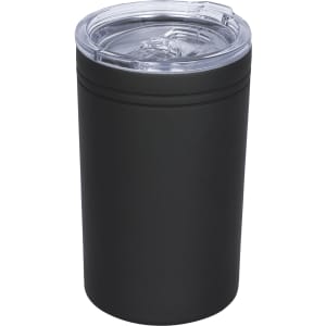 A drink bottle in matte black with a transparent lid and a logo, designed as a 325ml vacuum tumbler.