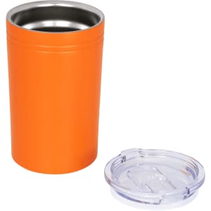 An orange Sherpa vacuum tumbler with a stainless steel interior and a clear lid. Features a logo.