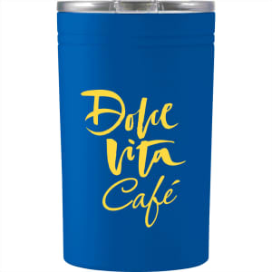 A drink bottle in a vibrant blue colour, featuring a logo in yellow, designed for hot or cold beverages.