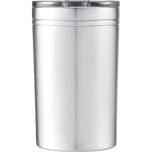 A drink bottle in silver with a clear lid, designed for hot and cold beverages. Features a logo.