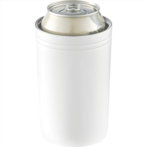 A drink bottle in white, featuring a can cooler design with a silver lid and a logo.
