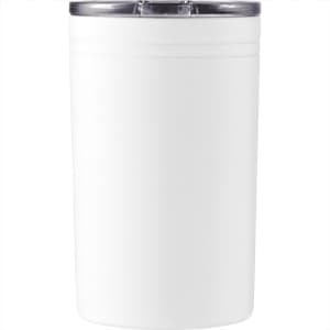 A drink bottle in white with a silver lid, featuring a logo on the side.