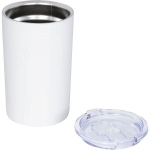 A drink bottle with a white finish and a clear lid, designed for hot or cold beverages. It features a logo.