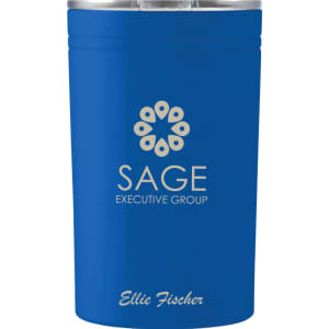 A drink bottle in blue, featuring a metal design and a logo. The capacity is 325ml.