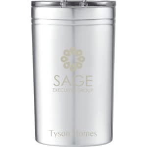 A drink bottle featuring a silver stainless steel design and a clear lid, with branding on the front.