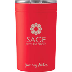 A drink bottle in vibrant red, featuring a logo and a silver lid, designed for thermos use.