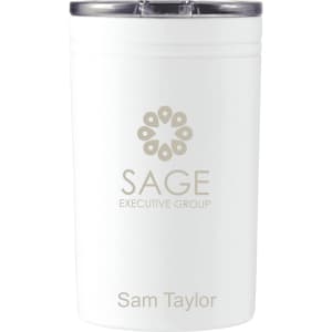 A drink bottle in white with a silver lid, featuring a logo and text on the body.