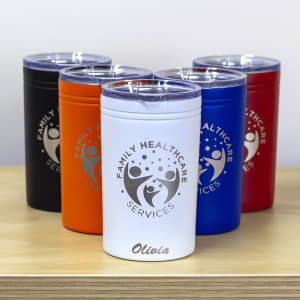 A drink bottle featuring five Sherpa Vacuum Tumblers in black, orange, red, white, and blue, each with a lid and logo.