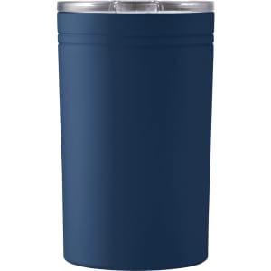A drink bottle in navy blue, featuring a clear lid, designed for hot and cold beverages. It has a simple logo.