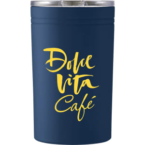 A drink bottle in navy blue with a clear lid and a logo featuring yellow text.