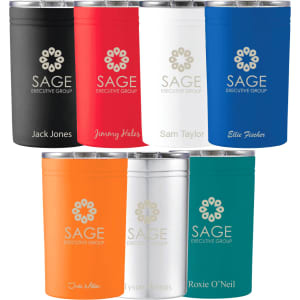 A drink bottle set featuring Sherpa Vacuum Tumblers in black, red, blue, orange, white, and silver, each with a logo.