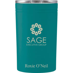 A drink bottle in teal with a lid, featuring a logo and a name on the front.