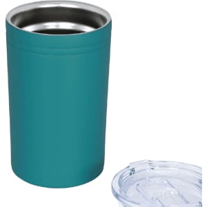A drink bottle with a teal exterior and stainless steel interior, featuring a clear lid, suitable for beverages.