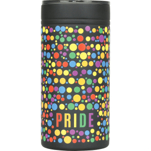 A drink bottle featuring a vibrant design with multicoloured dots on a black background and a logo.