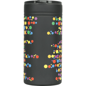 A drink bottle in black with a colourful polka dot design, featuring a lid, designed as a tumbler and can insulator.