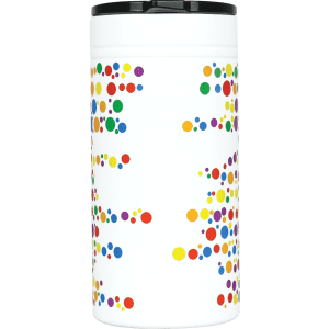 A drink bottle featuring a white body decorated with colourful polka dots and a black lid. It has a logo.