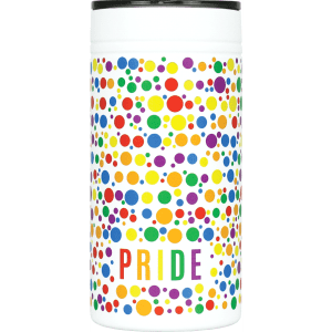 A drink bottle featuring a colourful polka dot design in rainbow colours with a white background and a black lid.