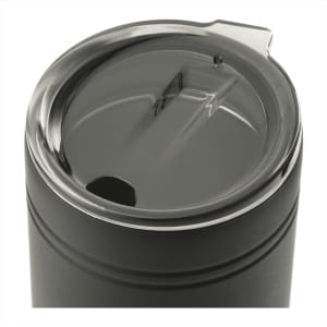 A drink bottle with a black body and a transparent lid, featuring a drinking opening and a logo.