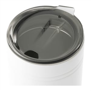A drink bottle with a silver lid and a white body, featuring a small drinking opening and a logo.