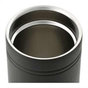 A drink bottle featuring a sleek black design with a metal interior, suitable for travel and beverages.