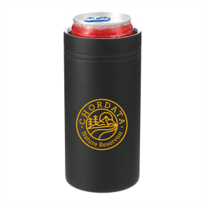 A drink bottle styled vacuum tumbler in black, featuring a logo, holding a slim can inside.