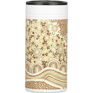 A drink bottle featuring a decorative pattern in earthy tones, with a black lid and logo on the side.