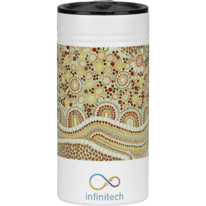 A drink bottle featuring a patterned design in earthy tones and a black lid, with a logo at the bottom.