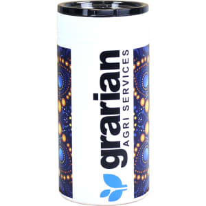 A drink bottle with a colourful tribal design, featuring a black lid and branding on a white background.