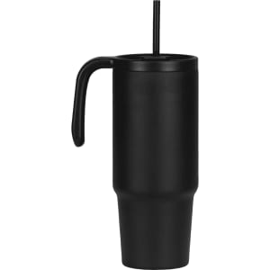 A drink bottle in matte black with a handle and a straw, designed for easy sipping.