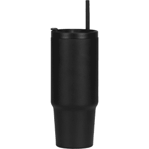 A drink bottle in matte black with a handle and straw, featuring a logo. Holds 900ml and made from recycled material.
