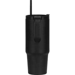 A drink bottle featuring a black design, handle, and straw. Made from recycled materials, 900ml capacity.