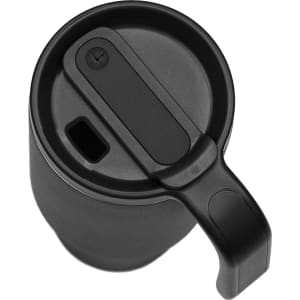 A drink bottle in matte black, featuring a handle and a secure lid design, complete with a logo.