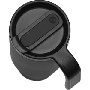 A drink bottle with a handle, featuring a sleek black design and a secure lid, includes a logo.