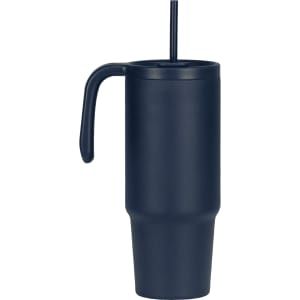 A drink bottle in navy blue with a handle and a straw, made from recycled material, 900ml capacity.