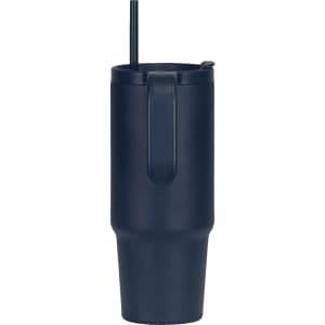 A drink bottle in navy blue with a handle and a straw, made from recycled materials, measuring 900ml.