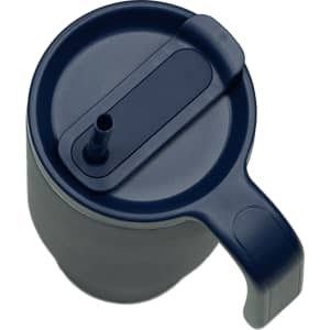 A drink bottle in navy blue with a handle and a removable straw, featuring a logo.