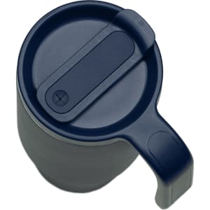 A drink bottle in navy blue with a handle and a secure lid, made from recycled material. Features a logo.