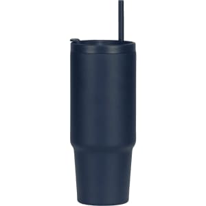 A drink bottle in dark navy with a handle and straw, made from recycled materials, featuring a logo.