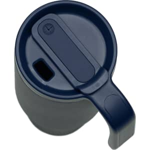 A drink bottle in navy blue with a handle and a lid featuring a spout opening and a button.