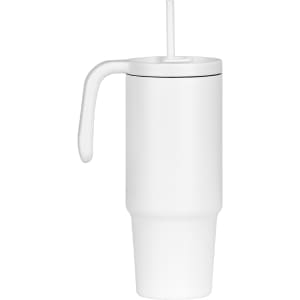A drink bottle in white with a handle and straw, made from recycled materials, holds 900ml.