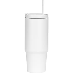 A drink bottle featuring a white design, with a handle and straw, suitable for cold beverages. Logo visible.