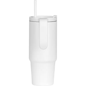 A drink bottle in white with a handle and straw, made from recycled materials, featuring a logo.