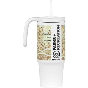 A drink bottle featuring a patterned design with earthy tones, a handle, and a straw. It has a logo on the side.
